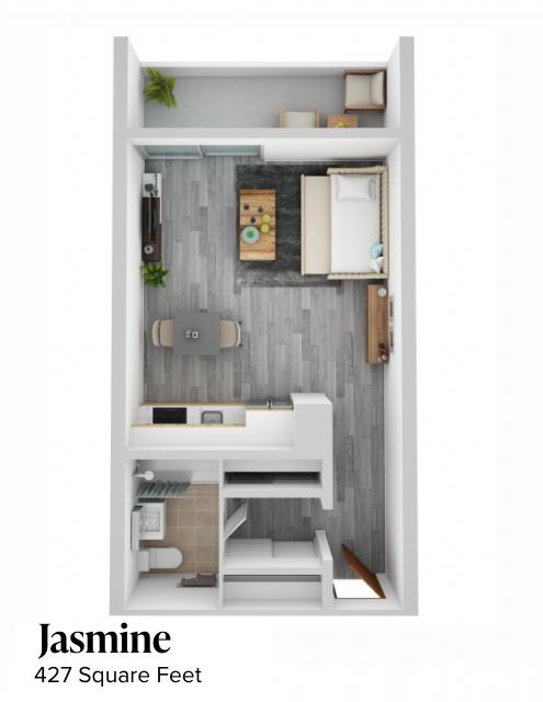 deluxe studio floor plan, 427 square feet