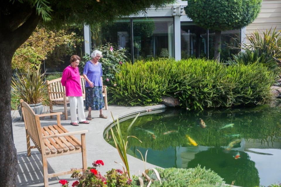 Two women standing by the Koi pond feeding the fish